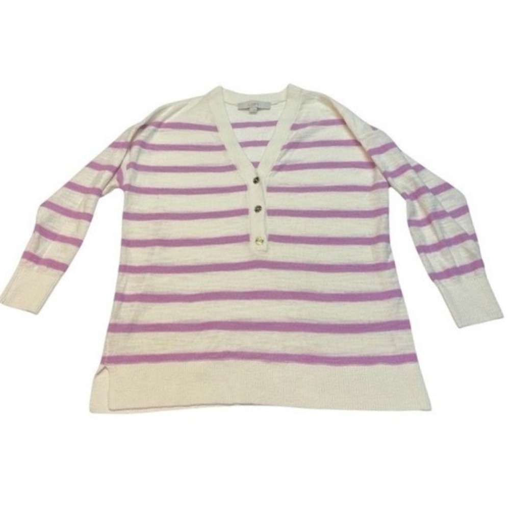 LOFT Striped V-Neck Button‎ Sweater Small Cream & Purple Long Sleeve